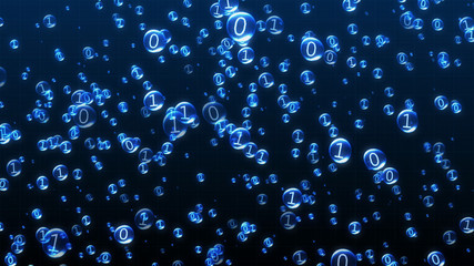 The binary code inside the bubbles rises. Blue interface, 3d illustration