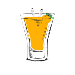 Mango cocktail. Hand drawn vector illustration in sketch retro style.