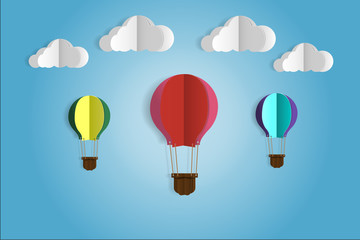  paper cut art, balloon in the sky with blue  background