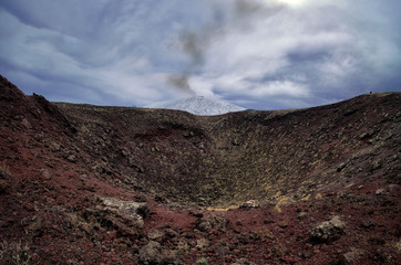 Old Crater And Dark Smoke From Etna Mount, Sicily