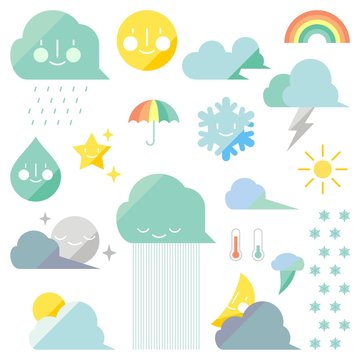 Set of cute weather icons in flat style