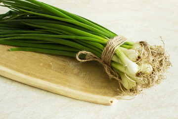 Spring green onion on a wooden board. Light background. Country style. Selective focus. Top view. ©  Iryna	