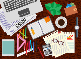 Аналитика. Бизнес. Исследование  бизнес-стратегии. Офис. Реалистичная  организация рабочего места. Ноутбук, документы, очки, кофе, диаграммы и графики. Вид сверху. Векторная иллюстрация.  