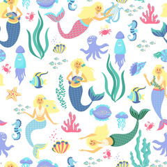 Cartoon mermaid seamless pattern on transparent background. Vector illustration