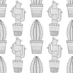 Black and white seamless pattern of ornamental cacti and succulents for coloring books, pages