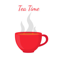 Black tea - hot drink. Red cup, morning drink. Vector illustration