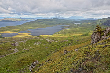 General view from The Storr with Loch Leathan and Loch Fada, Isle of Skye, Highlands, Scotland, UK