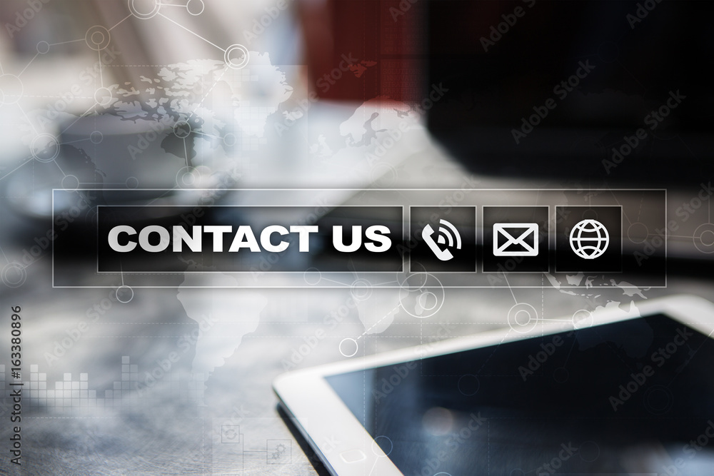 Poster contact us button and text on virtual screen. business and technology concept.