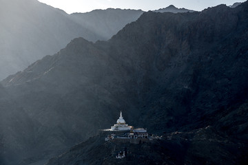 Shanti Stupa with Himalaya range background, Jammu and Kashmir, India.