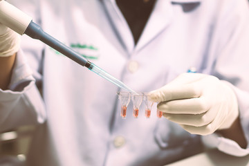 Laboratory technician injecting liquid into a microtiter plate, Scientist working at the laboratory, blood analysis, Vintage color.