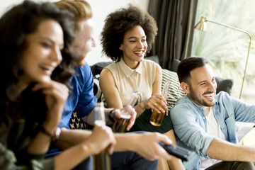 Group of friends watching TV, drinking cider and having fun