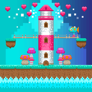 Pixel lighthouse. Vector illustration. Retro video game interface. Pixel art. 
