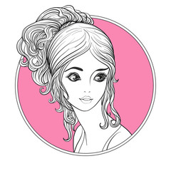 A young beautiful girl.  Monochrome portrait in circle on a pink background. Stock line vector illustration.