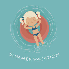 Happy little girl with white hair swimming on lifebuoy