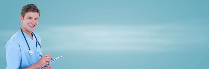 Doctor with clipboard against blue background