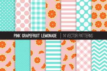 Pink Grapefruit and Aqua Blue White Chevron, Stripes, Polka Dots and Gingham Seamless Vector Patterns. Grapefruit Slices on Pink Background. 50s Rockabilly Style. Pattern Tile Swatches Included.