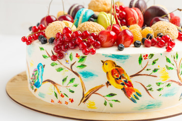 Cake with hand painted colorful birds and fresh berries