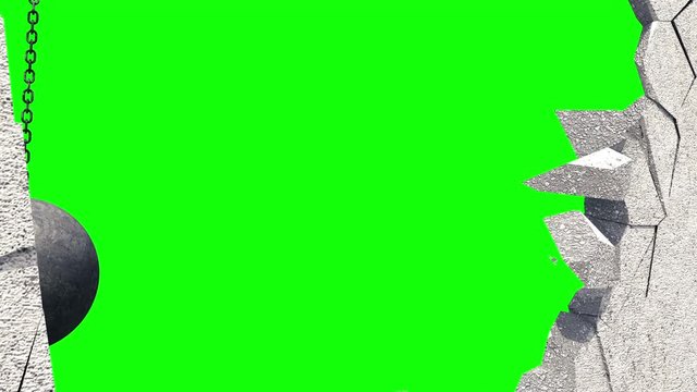 Metallic Wrecking Ball Shattering The White Wall. Green Screen. 3D Animation.