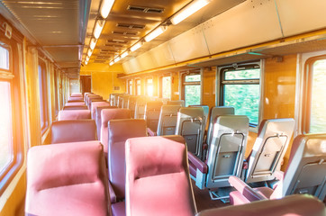 Fototapeta premium Passenger seat train, concept trip movement, the effect of movement outside the window
