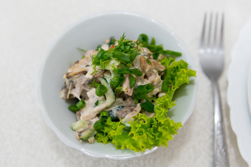 Juicy, delicious meat salad with mushrooms, fresh cucumber and herbs seasoned with close-up sauce.