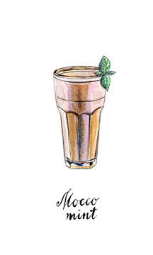 Glass of mocco mint with leaf of mint and mint syrup in watercolor