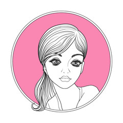 A young beautiful girl.  Monochrome portrait in circle on a pink background. Stock line vector illustration.