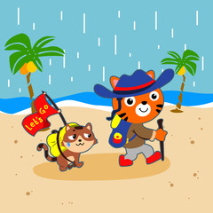 walking together in the beach. vector cartoon illustration