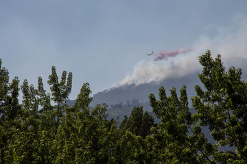 Plane dropping red slurry fire retardant on a forest fire in Durango, Colorado