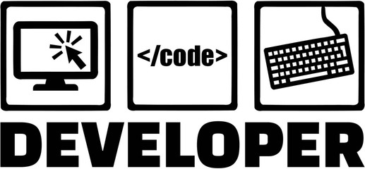 Developer icons with job title - monitor, code, keyboard