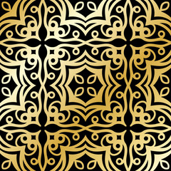 Ornamental wallpaper, vector luxury background. Vintage pattern on black with golden gradient.