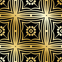 Ornamental wallpaper, vector luxury background. Vintage pattern on black with golden gradient.