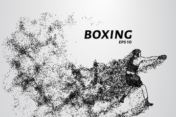 Boxer of the particles. The boxer is made of little circles. The boxer in the pose of attack. Vector illustration.