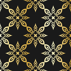 Ornamental wallpaper, vector luxury background. Vintage pattern on black with golden gradient.