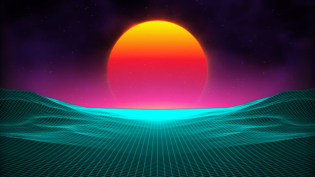 Retro Background Futuristic Landscape 1980s Style. Digital Retro Landscape Cyber Surface. Retro Music Album Cover Template : Sun, Space, Mountains . 80s Retro Sci-Fi Background Summer Landscape.