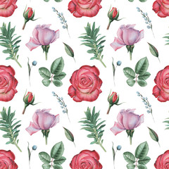 Seamless watercolor pattern with flowers and leaves, isolated on white background