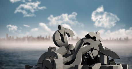 3D Broken concrete stone with money dollar symbol in cityscape