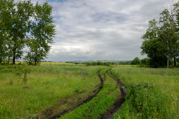 Fototapeta na wymiar Cloudy countryside landscape with ground road after rain