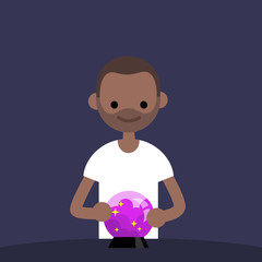 Trend watching conceptual illustration. Young black character looking in the magic ball. Flat editable vector illustration, clip art