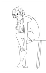 A girl is leanings on a table and dressing stockings up. She's dressed up in a short dress. There are different kinds of coloring.