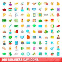 100 business day icons set, cartoon style