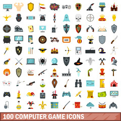 100 computer game icons set, flat style