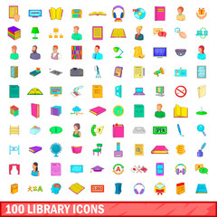 100 library icons set, cartoon style