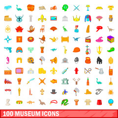 100 museum icons set, cartoon style