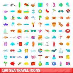 100 sea travel icons set, cartoon style