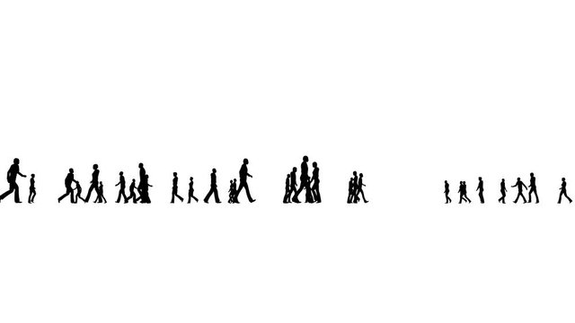 Silhouette crowd walking on white
