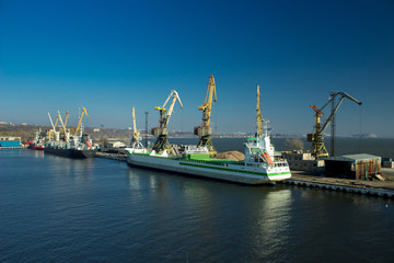 Naklejka premium Cargo cranes transship bulk in the dock of Industrial Sea Port