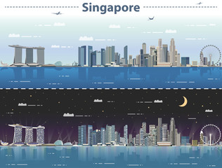Obraz premium Singapore skyline at day and night vector illustration
