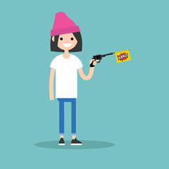 Young female character holding a toy gun with a bang flag / flat editable vector illustration, clip art