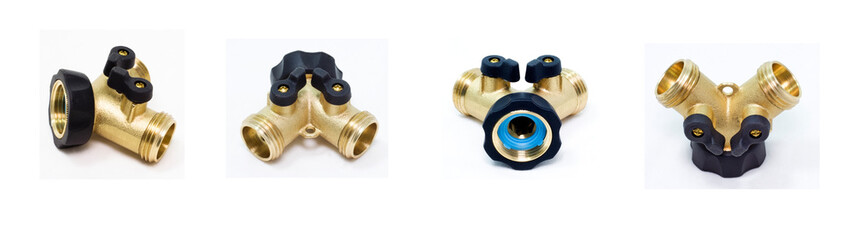 Four views of a brass dual shut-off valve that controls water flow to two hoses.