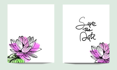 Hand drawn vector save the date set template with lotus flowers isolated on watercolor background. Lettering.